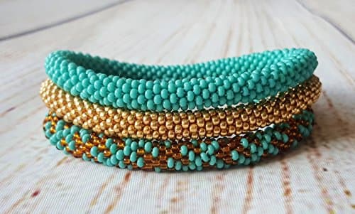 Nepal Roll On Beaded Bracelet Turquoise Gold Bangle
