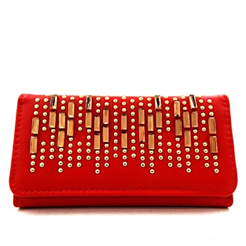 Rhinestone Stud Embellished Trifold Wallet Red