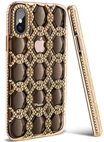 iPhone Xs Case, iPhone X Case, Acalantha High Impact Slim Colorful Flexible Clear Back Diamond Lattice Interior Cute Girly Shockproof Liquid Silicone Protection Phone Cases Cover for Women Girls Gold