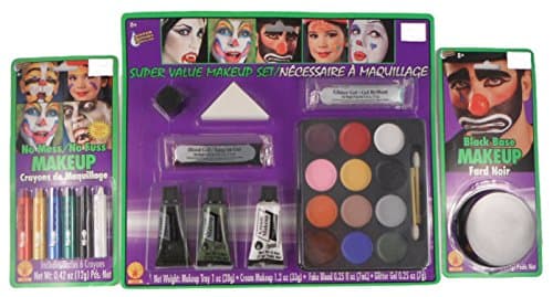Halloween Make Up Bundle - 3 Items: Pack of Make Up Crayons, One Black Base, One Delux Make Up Kit