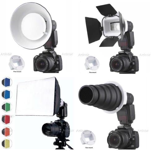 Flash Gun Strobies Flex Mount Modifier, Adapter Kit with Softbox, Diffuser, Beauty Dish Reflector, Snoot, Honeycomb, Barndoor for Nikon SB600, SB800, SB80DX, SB28, SB28DX, SB50DX; Sunpak 4400AF, Auto383, Auto411, 2800, 550D, 560D, 273; Minonlta 3600HSD