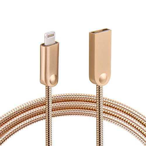 【New Arrival】iPhone Charger Metal Durable iPhone Charging Cable, Lightning Metal Spring Cord Sync Data Cable for iPhone 7 Plus 6S 6 Plus SE 5S 5C, iPad Mini, iPad Pro Air , iPod - 3ft/1m (Gold)