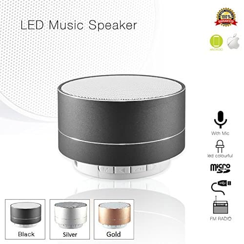 Mini Portable Bluetooth Speaker 4.0 with Light &amp; Microphone for iPhone/iPad/iPod/Samsung Tablet Smartphone/Laptop PC Rechargeable for Outdoor/Home/Travel in Black Metal Aluminum