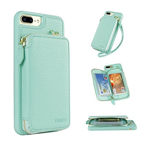 iPhone 7 Plus Wallet Case, YUNCE iPhone 8 Plus Leather Wallet Case Credit Card Holder Slot Protective Leather Zipper Wallet Case With Card Holder Handbag Cover for iPhone 7 / 8 Plus (Mint)