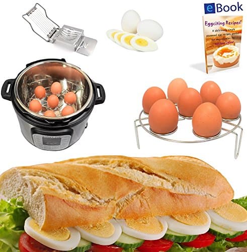 Instant Pot Egg Rack Steamer - 7 Eggs - BEST Bundle - Fits 6 &amp; 8 Quart Instapot Pressure Cooker - 100% Stainless Steel - BONUS Accessories - Wire Slicer + Steaming eBook - Food Insert - Use as Trivet