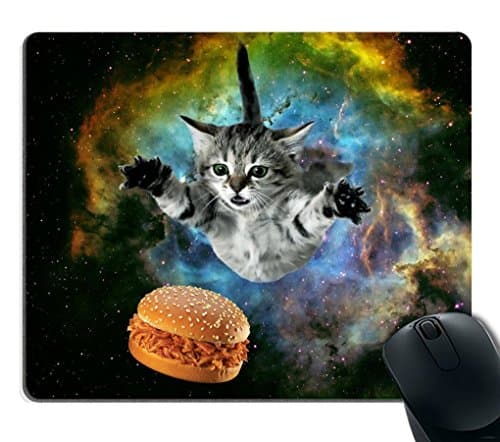Supwek Galaxy Space Cat Gaming Mouse Pad Custom,Curious Cat Flying Through Space Reaching for a Hamburger in Galaxy Space Hilarious Mouse Pad
