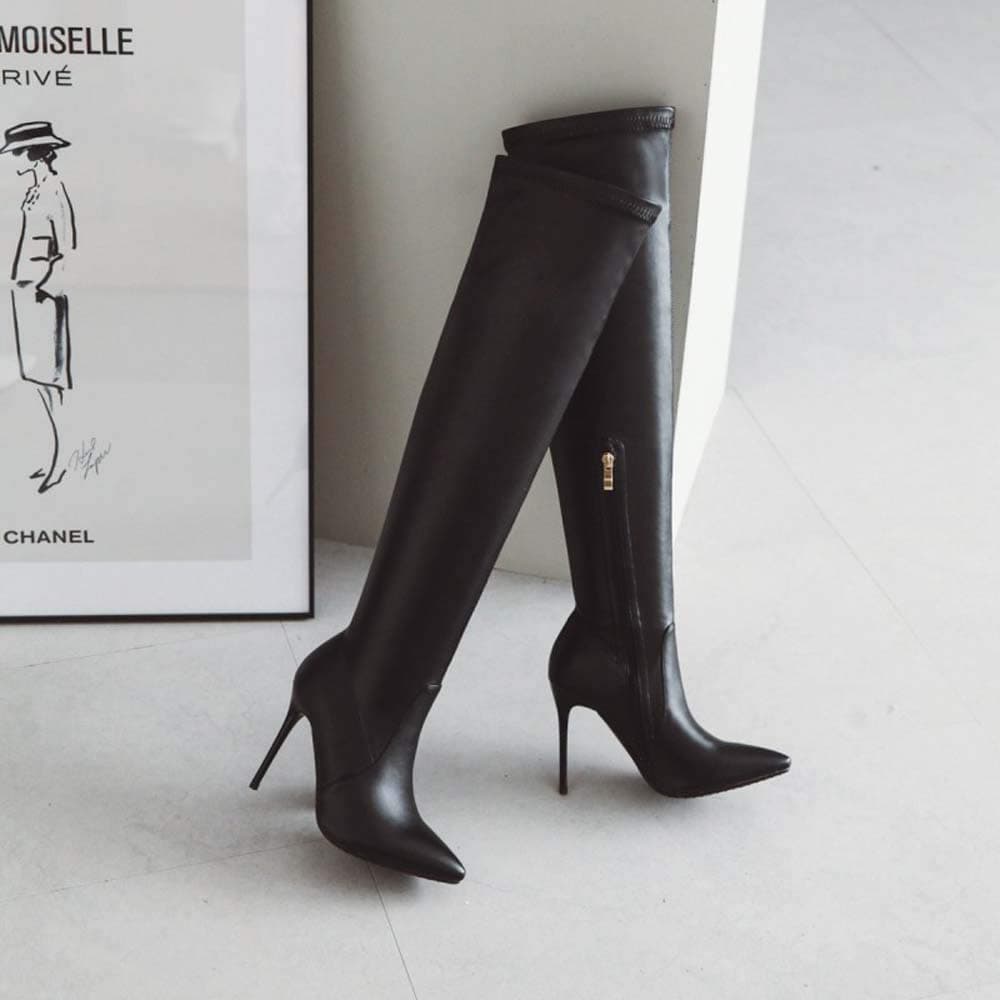 Hopsd High-Heeled Boots Solid Color Waterproof Countertop Pointed Side Zipper Over-The-Knee Elastic Boots
