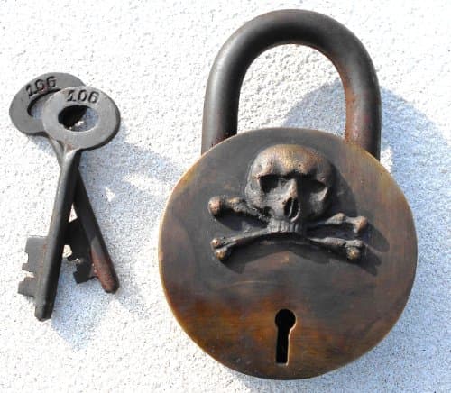 Solid Brass Skull + Crossbones Padlock Lock With Keys
