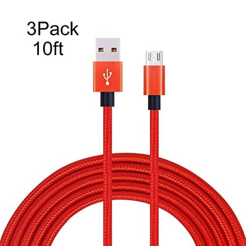 Awengu 3Pack 10ft Red Nylon Premium Micro USB Charging Lightning Cable Extra Long Charger for Android,Samsung,Nexus, HTC,Nokia, Motorola, HUAWEI and More.