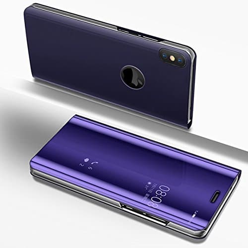 Etsue Mirror Leather Case for iPhone XS / iPhone X Mirror Makeup Plating Flip Case, iPhone XS Luxury Glitter Crystal Hard PC PU Leather Case Clear Standing View Bookstyle Wallet Case Cover,Purple