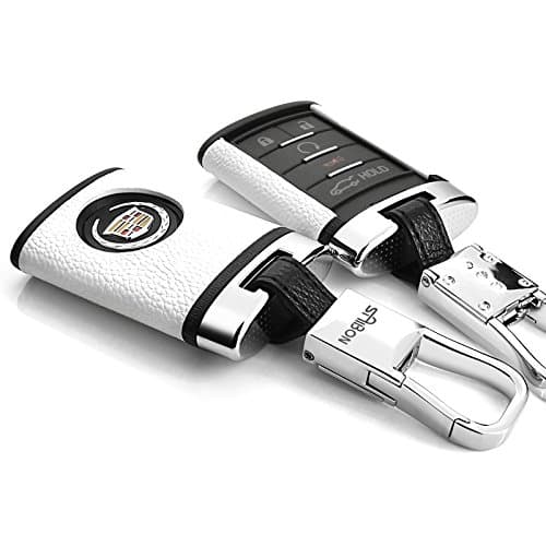 Saibon Protective WHITE Genuine Leather Hard Back Keyless Remote Entry Case Keychain for Cadillac CTS XTS ATS SLS SRX