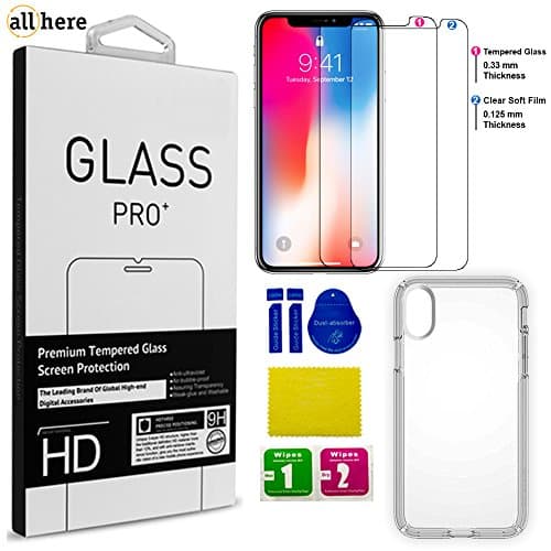 iphone x case, and tempered glass screen protector bundle – [our gift “soft film screen protector”] Reinforced TPU case 1.2 mm thickness, [Full Coverage] [3D Touch] 0.33 mm 9H Hardness HD clear