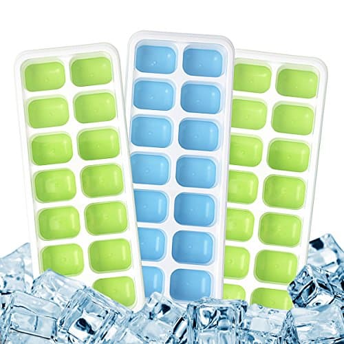 Ice Cube Trays, Idealco（3 Pack） Easy-Release Silicone and Flexible 14-Ice Trays with Unique Removable Lid,LFGB Certified and BPA Free, Stackable Durable and Dishwasher Safe Ice Trays（Green and Blue）
