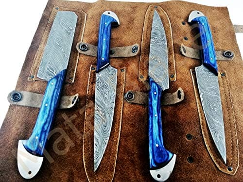 MATA BLADES Fixed Blade 4-PCS Set Handmade Custom Blue Wood Damascus Knife