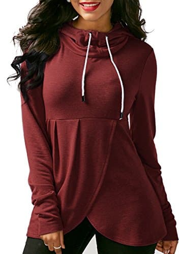 Women's Basic Soft Pullover Funnel Neck Vintage Fleece Asymmetric Hem Wrap Long Sleeve Casual Hoodie Sweatshirt Size XL Red