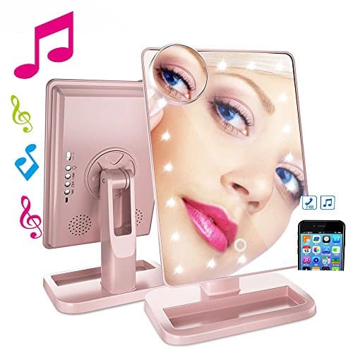 Wansang Touch Vanity Makeup Mirror with LED Lights, Bluetooth Speaker, 10X Zoom Magnification, Adjustable 360° Rotating Table Top Stand – Rectangular, Portable, Easy to Use,Magnifying (Rose gold)