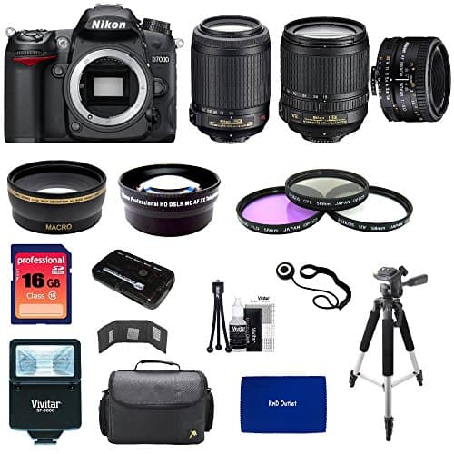 Nikon D7000 16.2MP DX-Format CMOS Digital SLR with 3.0-Inch LCD with Nikon 18-105mm ED VR AF-S DX Nikkor Autofocus Lens & Nikon Normal AF Nikkor 50mm f/1.8D Autofocus Lens & Nikon AF-S DX VR Zoom-Nikkor 55-200mm f/4-5.6G IF-ED Lens with RnD Pro Series 16GB