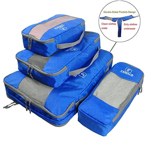 TEMACE 4 Set Double-Sided Various Sizes Packing Cubes With Extensible Storage Mesh Bags - Travel Luggage Packing Organizer Instead of Laundry Bag and Shoe Bag and Wash Bag Blue