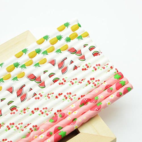 Fruit Pattern Paper Drinking Straws for Hawaiian Beach Pool Party Wedding Decoration, 7.75 Inches Decorative Straws 100Pcs Mixed in 4 Styles (Lemon,Strawberry,Pineapple,Watermelon and Cherry)