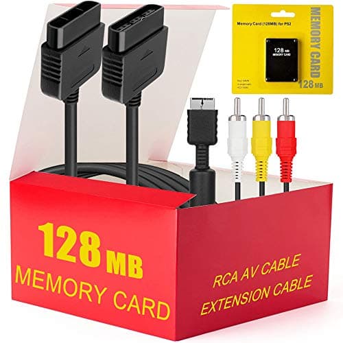 PS2 Accessories Bundle - 3 in 1 Essential Kit Including 128MB Memory Card + Audio Video RCA Cable and Controller Extension Cable for Sony Playstation 2 PS2 Console
