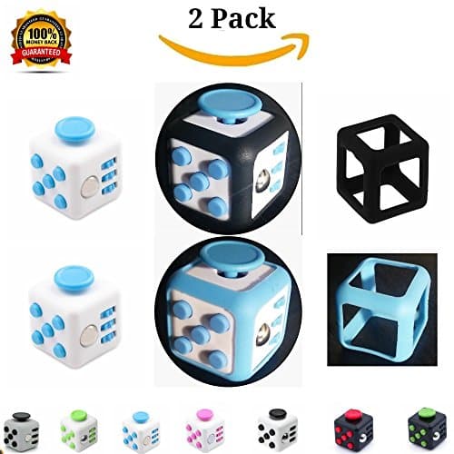 2 Pc SET Fiddle Dice Fidget Cube Prime Replica With Case White/Blue 6 Sided Square Vinyl Desk Toy Clicker Joystick Buttons For Stress Anxiety Focus ADHD Autism Adults Kids Students - Class Home Office