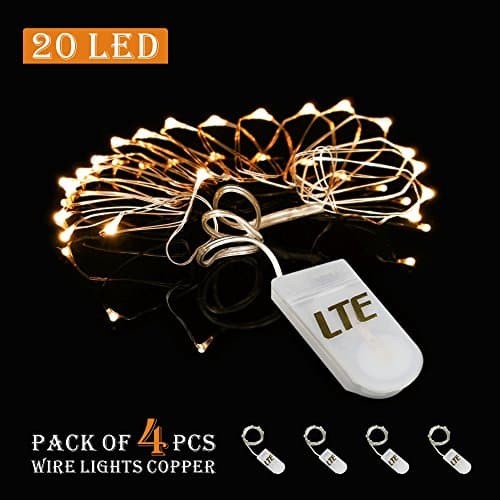 LTE 20 LED Copper Wire Lights, 3.3ft(1M), Starry Lights, CR2032 Button Cell Batteries Required and Included, String Lights For DIY Holiday Decorations, Wedding, Party.(Warm White, Set of 4)