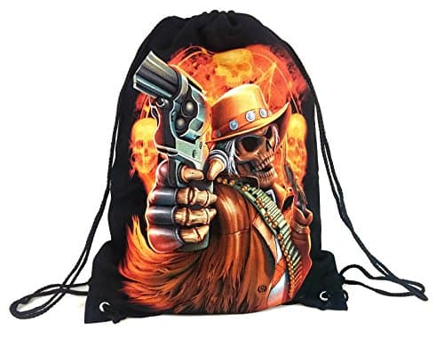 Drawstring Bag Backpack Sack 100% Cotton Canvas Reversible Unique Graphic Print 20" x 15" (Western Skull)