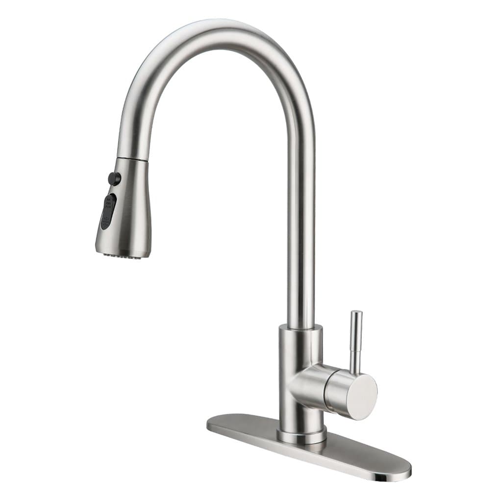 Charmingwater Single Handle Kitchen Sink Faucet, Pull out High Arc Brushed Nickel and Single Level Stainless Steel with Pull down Sprayer with Cover Plate, 2 Modes, Upgrade Version