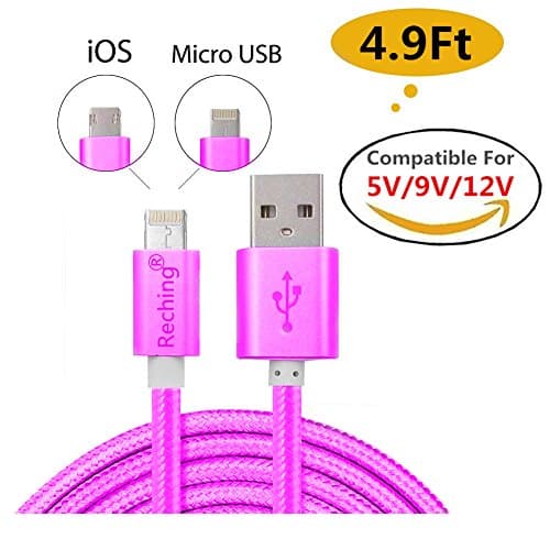 RECHING 2 in 1 Lightning Cable 8Pin+Micro USB Charger Sync For iPhone Samsung Charger With 4.9Feet(1.5Meters) Nylon Braided Compatible For 5V/9V/12V Charger (Purple)