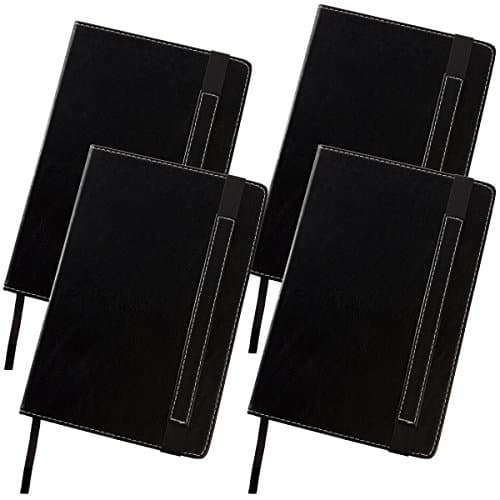 (4 Pack) 5.5 x 8.5 Black Journal Banded Notebook Leatherette With Pocket Ribbon Bookmark