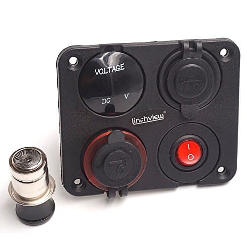 Linchview Dual USB 3.1 A Charger Switch Panel LED Voltmeter 12 V/24 V Socket + On/off Switch 4 Hole Button Switch for Car Boat Marine Trucks Rv ATV Motorcycle Cars GPS Mobile Phone Camera MP3 + USB Charger + Voltmeter + Cigarette Power Adapter Lighter Splitter [Energy Class A+++]