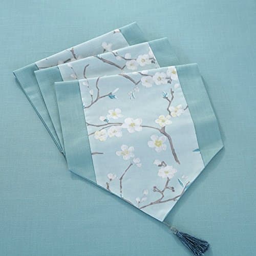 JYQ Tree and Floral Polyester and Cotton Rectangular Table Runners with Tassels (15 inch by 72 inch, Blue Plum Blossom)