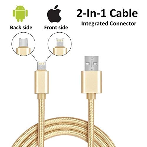 iPhone Lightning + Android Micro USB Universal 2-in-1 Charger Cable Braided Fast Adapter Cord, Front Side for iPhone iPad Back Samsung HTC LG Moto Huawei 3.3 ft (Gold)