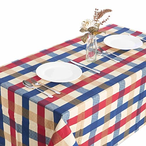 Moldiy Modern Checkered Pattern Tablecloth Fabric Table Cover Woven Overlays for Kitchen Dining Living Room Home Decor,Rectangular,Blue Red and Beige,55"x86.61"