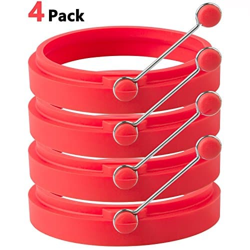 iFun iCool Silicone Egg Rings Round - Non Stick Fried Egg Mold - Pancakes Maker Molds - Breakfast Egg Sandwich Cooker Maker - 4 Pack , with 1 Free Spray Brush (Red)