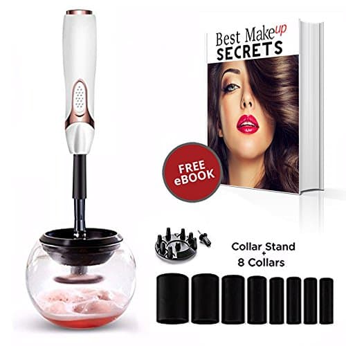 Makeup Brush Spinning Cleaner Kit (white) - Spin Cleaning will Deep Clean and Dry Brushes in seconds! 8 Rubber Collars for All Sizes - Spinner Kills Bacteria and Prevents Breakouts!