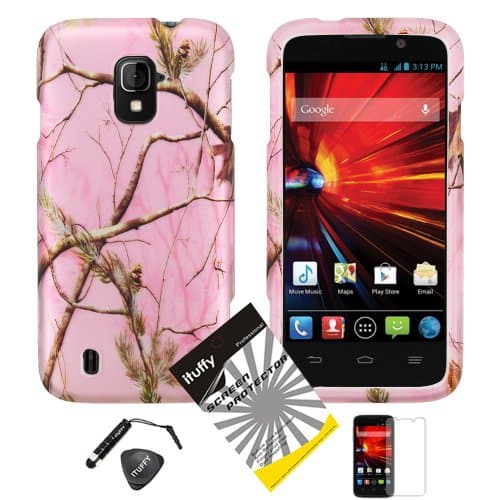 4 items Combo: Mini Stylus Pen + LCD Screen Protector Film + Case Opener + Silver Pink Pine Tree Leaves Camouflage Outdoor Wildlife Design Rubberized Snap on Hard Shell Cover Faceplate Skin Phone Case for ZTE Majesty / Z796c - StraightTalk