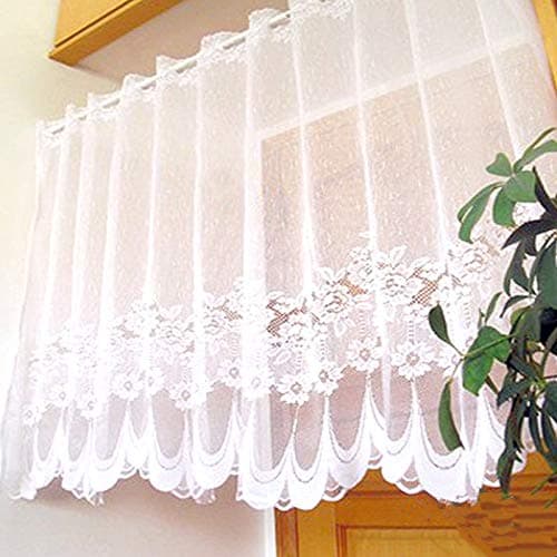 1 Panel Short Lace Curtains Valance for Kitchen Bathroom White Sheer Floral Cafe Curtains 24 Inch Length Scalloped Bottom Curtain Tiers Tulle Voile Window Treatment Rod Pocket Top W39 x L24 Inches