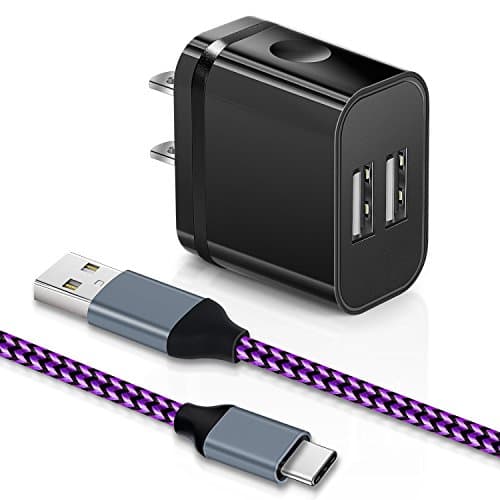 USB 2.0A Power Adapter with Nylon Braided 6FT USB C Cable,Aupek Dual Port Travel Home Charging Block with USB Type C Cable for Samsung Galaxy S8,Note 8,Macbook,LG,Pixel XL(Black+ Purple)