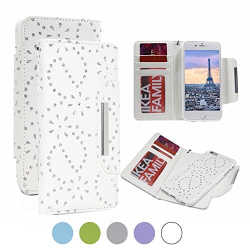 iPhone 6 Plus Wallet Case for Women with Strap in Detachable Design White-Bling Crystal Rhinestone in Premium PU Leather with Card Holders, Magnetic Slim Cover for iPhone 6/6S Plus 5.5 Inch Version