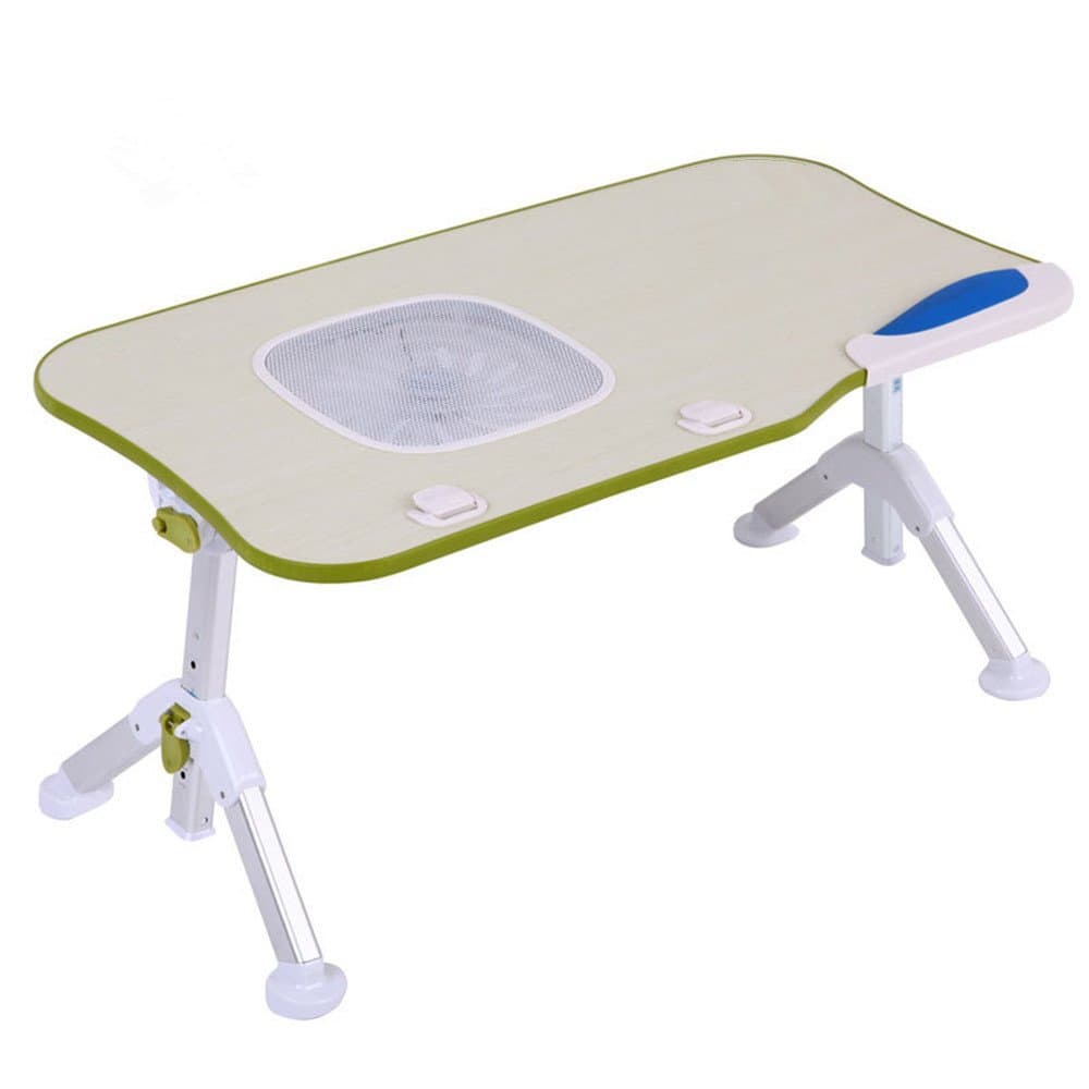 Omooly Adjustable Laptop Bed Tray Table, Portable Stable Standing Table with Foldable Triangular Legs, Notebook Stand Reading, Lap Desk Table for Sofa Couch Floor (Standard,Green+with Fan)
