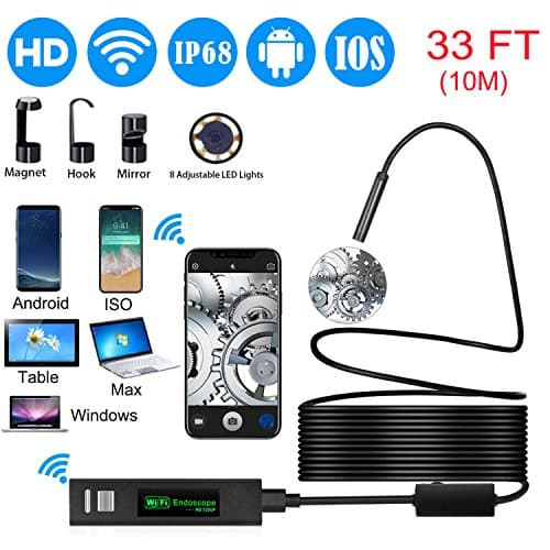Wireless Endoscope,8mm Wifi Endoscope Camera HD Borescope Inspection Camera Snake Camera with 10M Cable for ISO and Android, iPhone, Samsung, Tablet - Black(33FT)