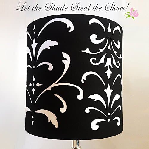 8" black fabric drum lampshade, cut with a flourish damask design, handmade in USA for home or office decor | great gift idea!