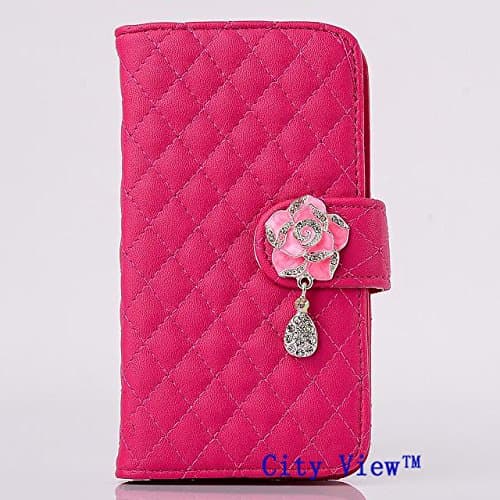 iPhone 6 Case, City View(TM) [Kickstand Feature] iPhone 6 (4.7) Case Wallet [Wallet S] [HOT PINK] Luxury Crystal Camellias Button With Diamond PU Leather Magnet Wallet Case with STAND Flip Cover and Card Slots + Screen Protector + Stylus for iPhone 6 (4.7) (2014) (C-Hot Pink)