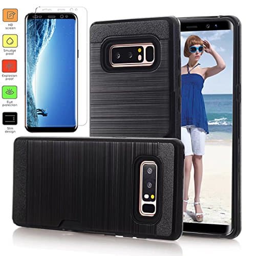 Galaxy Note 8 Case with Screen Protector,L00KLY [Slim Fit] [Card Slots] Hybrid Dual Layer Wallet Case,[Brushed Metal Texture] Back with Shockproof TPU Inner Layer for Samsung Galaxy Note 8 (Black)