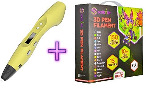 Scribbler 3D Pen V3 set Bundled with 500 ft of PLA plastic filament! New Awesome Design Model Printing Drawing 3D Pen with LED Screen Great Gift-Yellow