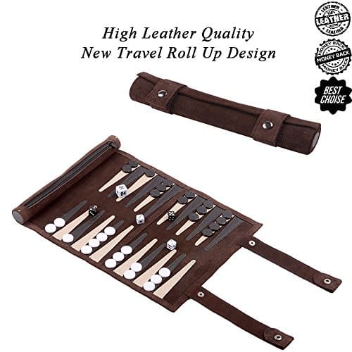 HLFeng Leather Backgammon Set Travel Backgammon Board Game Roll Up Design