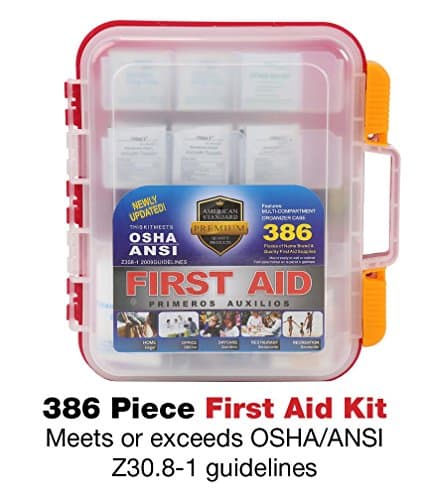 386 Piece First Aid Kit with Hard Red Case Exceeds OSHA &amp; ANSI Standards, Mounts on Wall, 2 Levels of Supplies, Multiple Compartments, Includes Big Variety of Bandages, Alcohol Pads &amp; Hundreds More