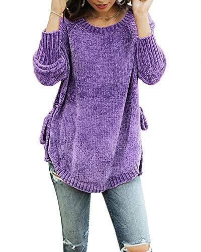 Womens Pullover Sweaters Plus Size Cable Knit Crew Neck Long Sleeve Split Side Tie Knot Fall Jumper Tops