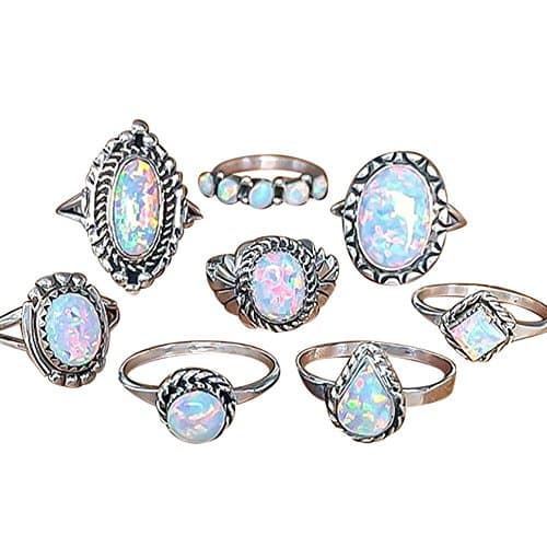 8Pcs Gold Diamond Accent Engagement Ring Set Cabochon White Simulated Opal Wedding Engagement Jewelry